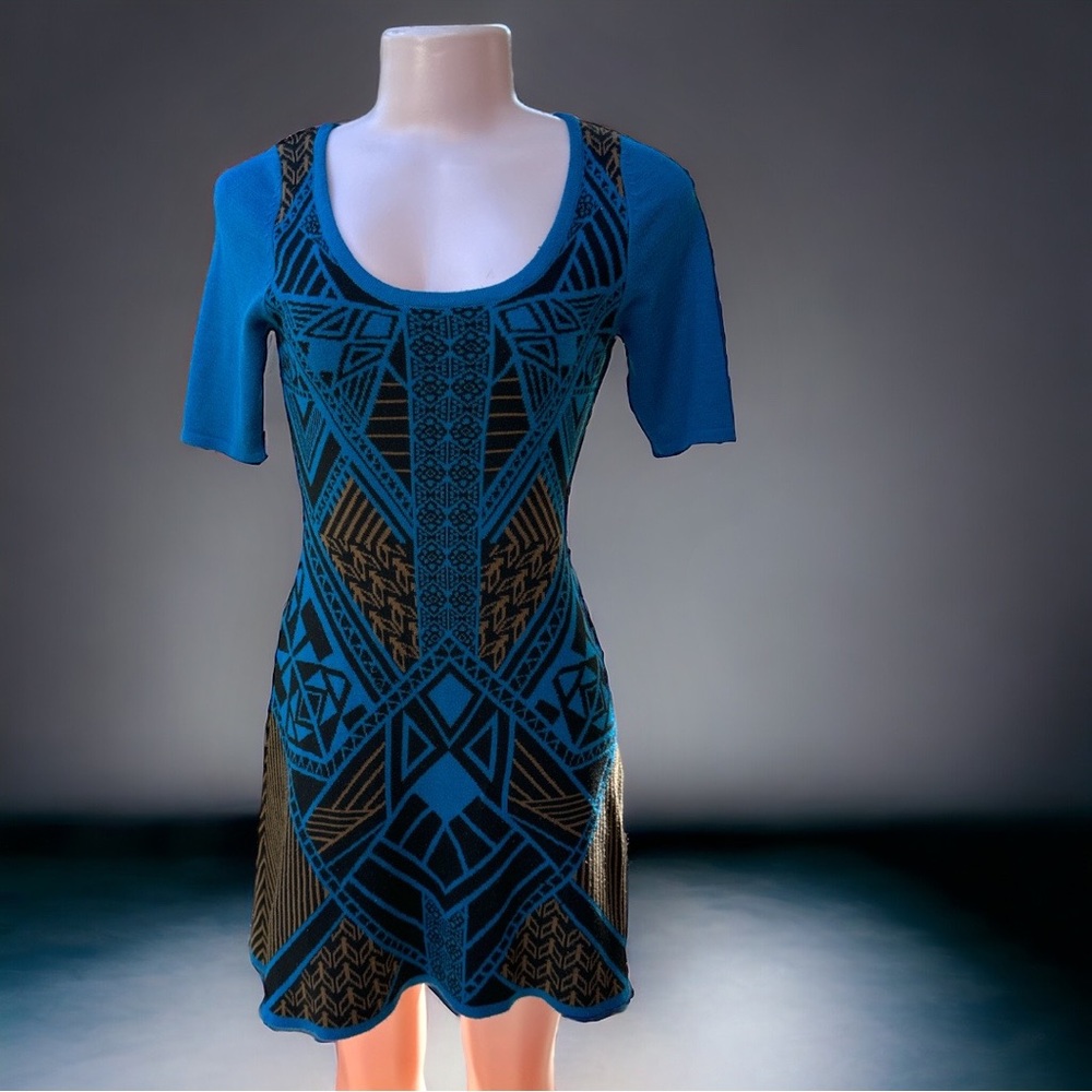 Flying Tomato Anthropologie Blue Black Geometric Knit Fit Flare Dress S